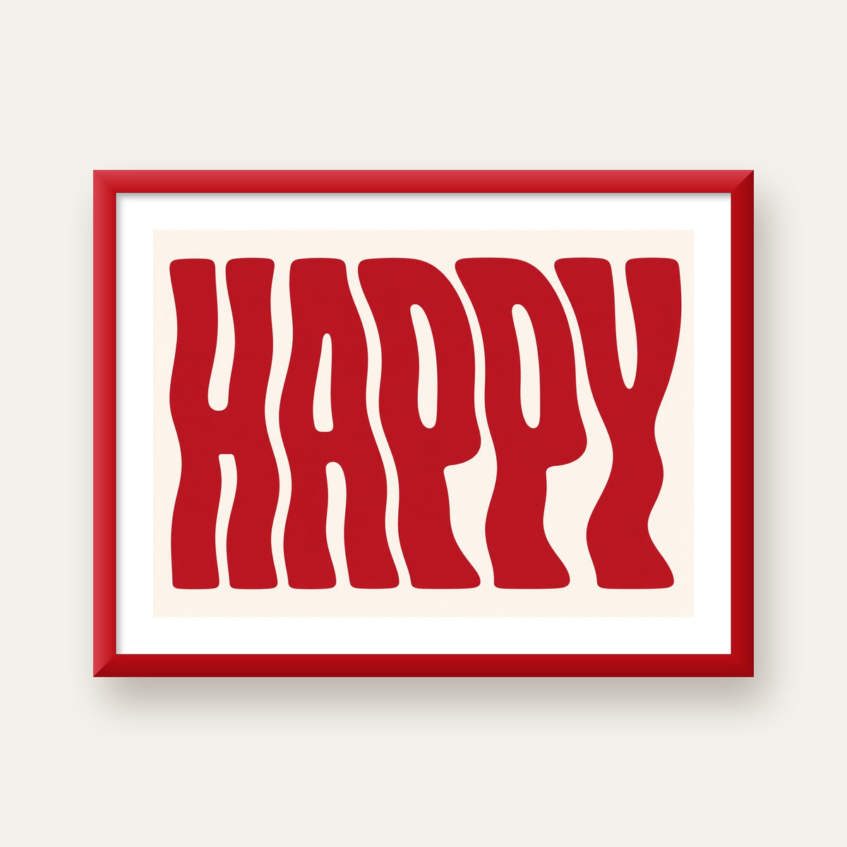 Kırmızı Dalgalı 'HAPPY' Yazılı Minimal Dijital Poster — kırmızı çerçeveli paspartulu