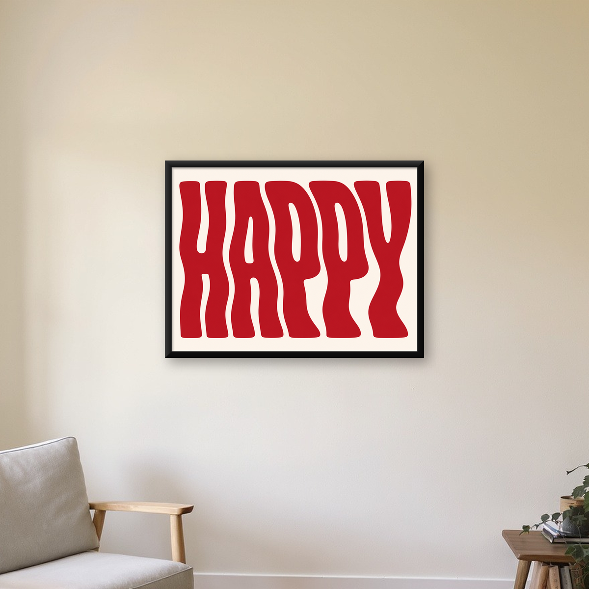 Kırmızı Dalgalı 'HAPPY' Yazılı Minimal Dijital Poster — Yatay baskı, çerçeveli hâliyle bir ev duvarında