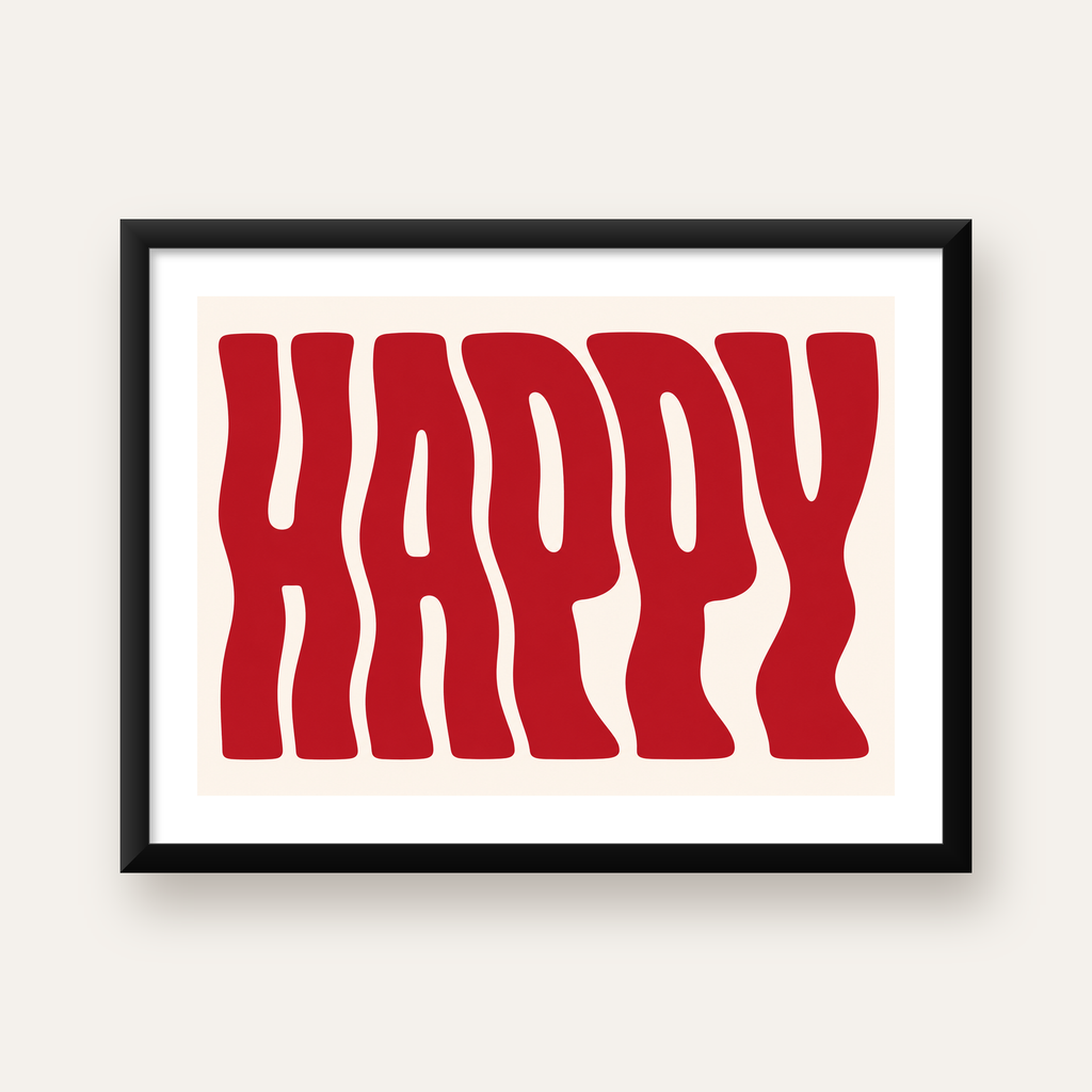 Kırmızı Dalgalı 'HAPPY' Yazılı Minimal Dijital Poster — Yatay baskı, beyaz paspartulu