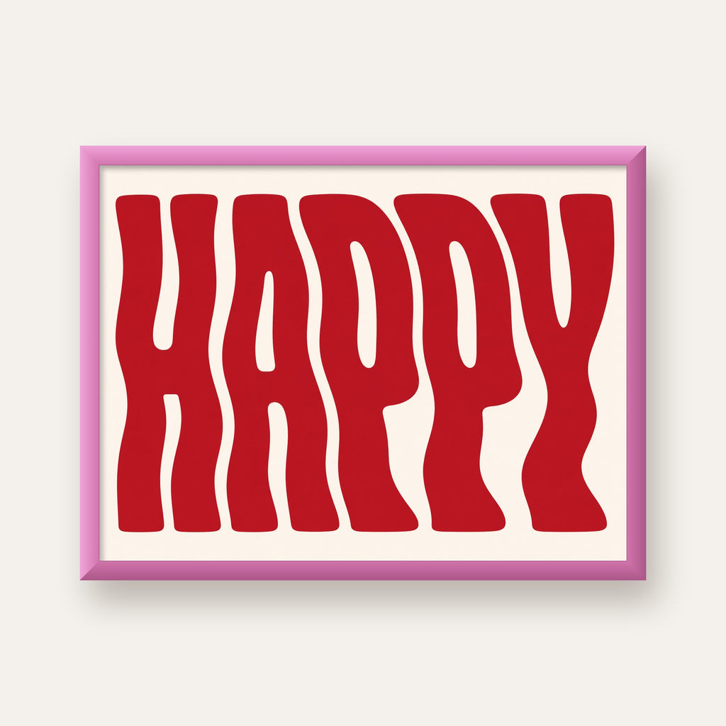 Kırmızı Dalgalı 'HAPPY' Yazılı Minimal Dijital Poster — pembe çerçeveli