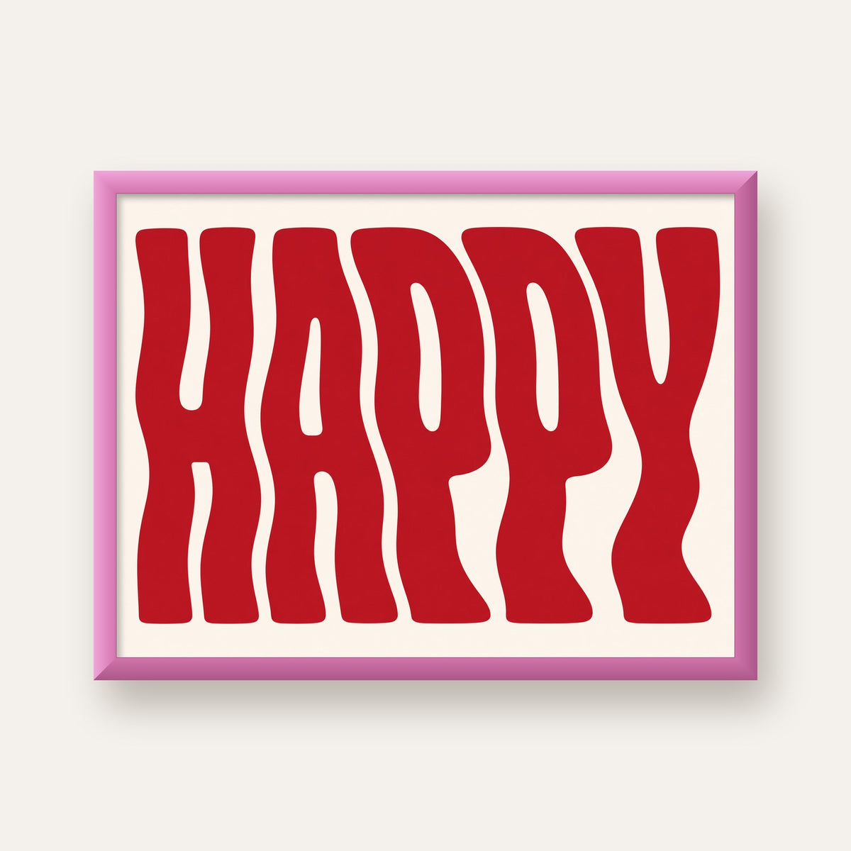 Kırmızı Dalgalı 'HAPPY' Yazılı Minimal Dijital Poster — pembe çerçeveli