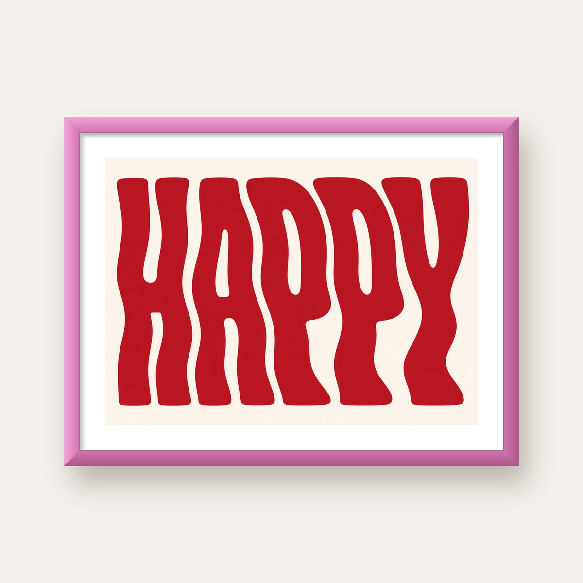 Kırmızı Dalgalı 'HAPPY' Yazılı Minimal Dijital Poster — pembe çerçeveli paspartulu