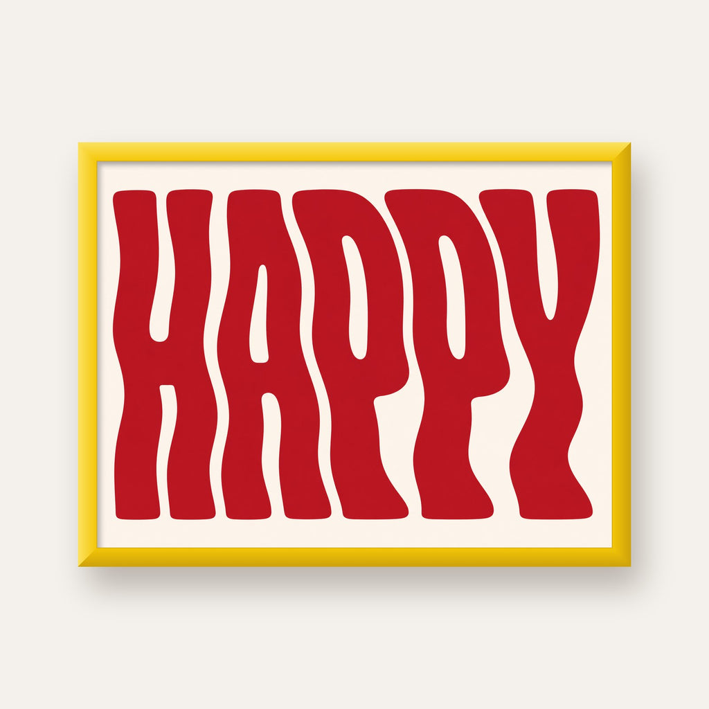 Kırmızı Dalgalı 'HAPPY' Yazılı Minimal Dijital Poster — sarı çerçeveli