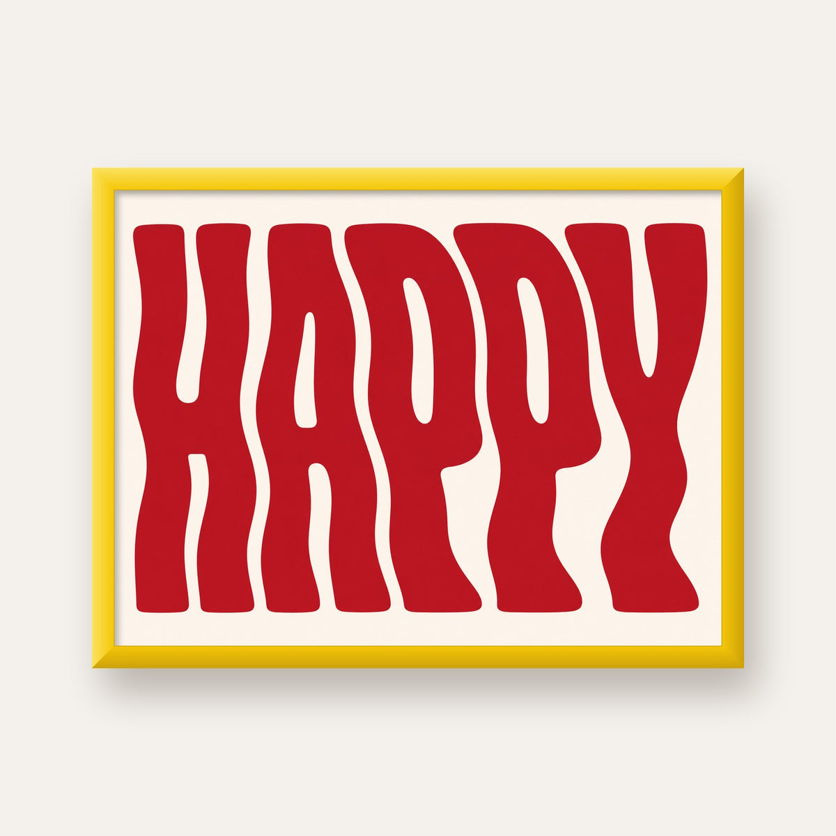 Kırmızı Dalgalı 'HAPPY' Yazılı Minimal Dijital Poster — sarı çerçeveli