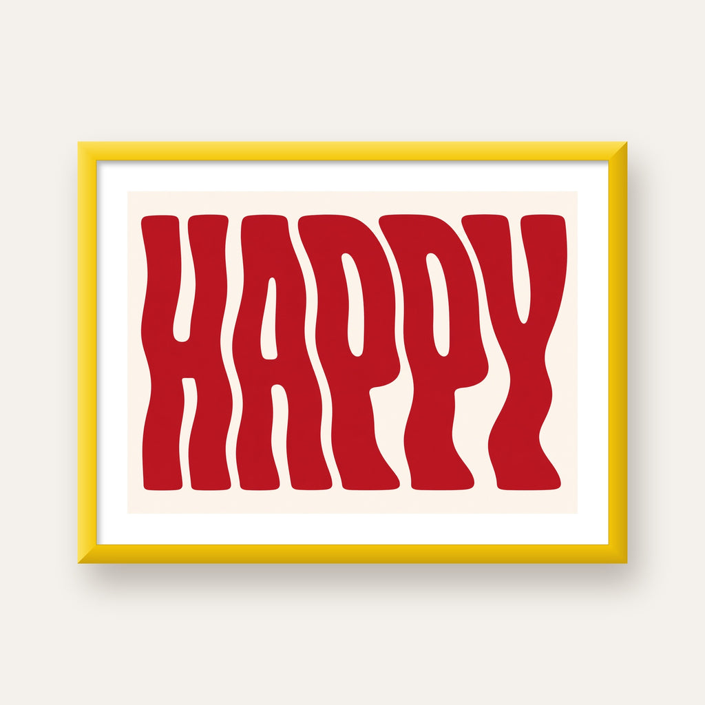 Kırmızı Dalgalı 'HAPPY' Yazılı Minimal Dijital Poster — sarı çerçeveli paspartulu