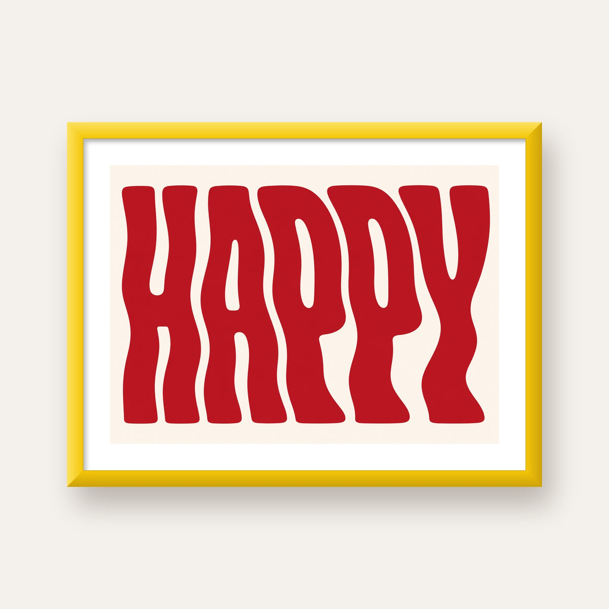 Kırmızı Dalgalı 'HAPPY' Yazılı Minimal Dijital Poster — sarı çerçeveli paspartulu