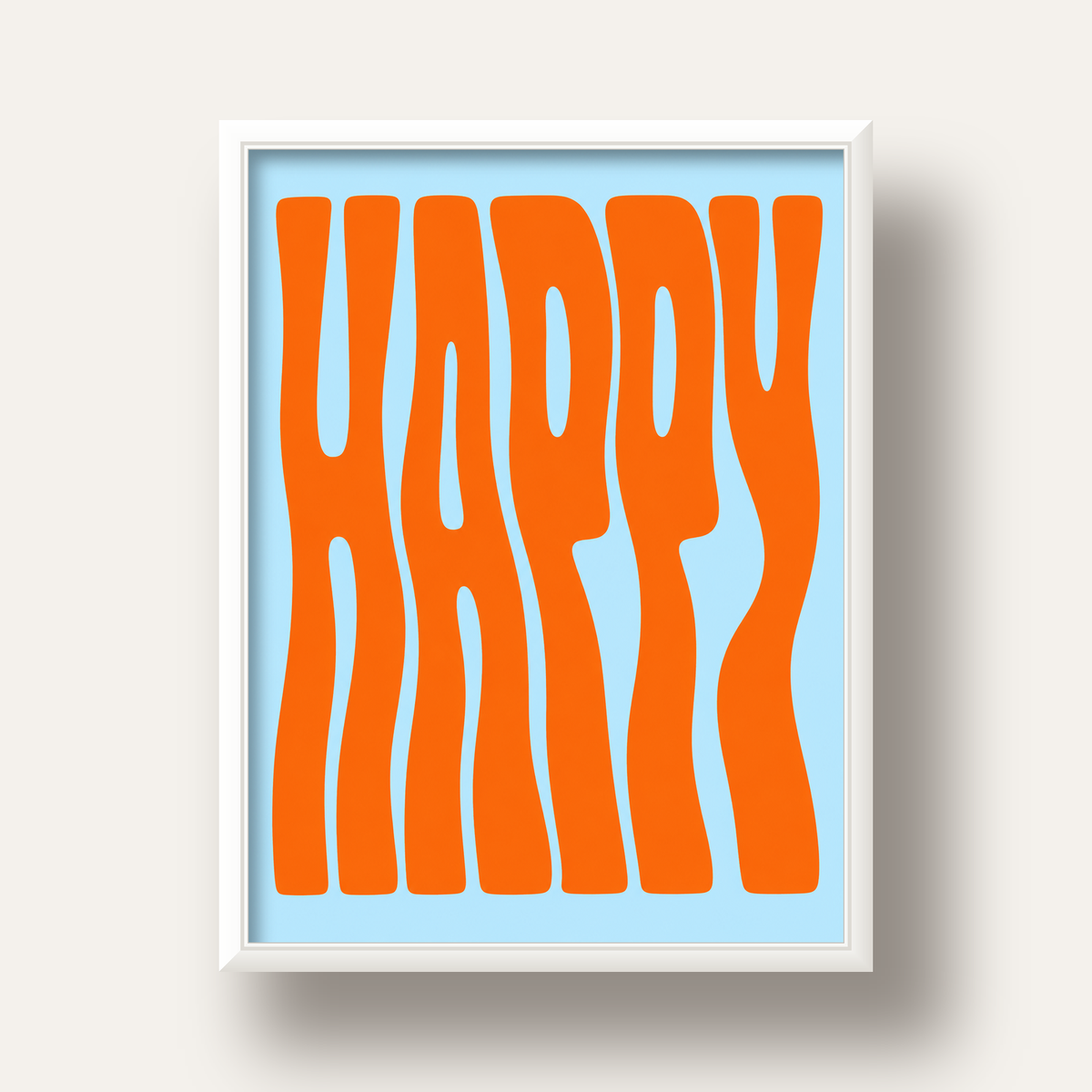 Retro Tipografi Poster – ‘HAPPY’ Dalgalı Harfler, Turuncu Mavi — beyaz derin çerçeveli