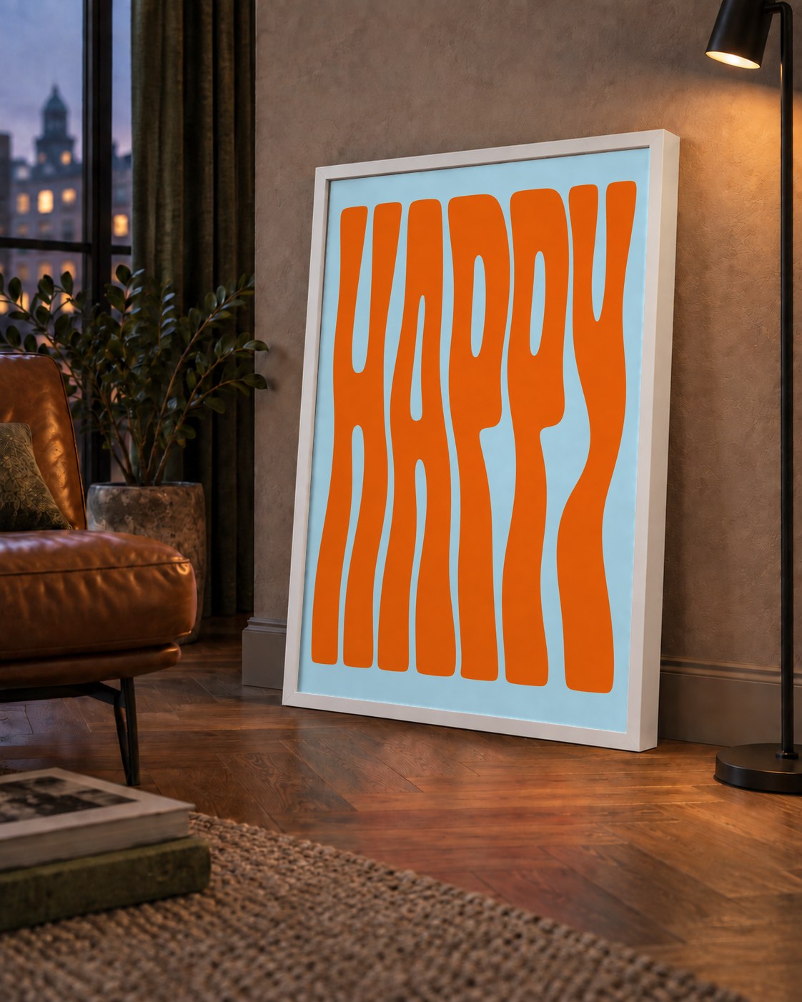 Retro Tipografi Poster – ‘HAPPY’ Dalgalı Harfler, Turuncu Mavi — çerçeveli hâliyle bir ev duvarında