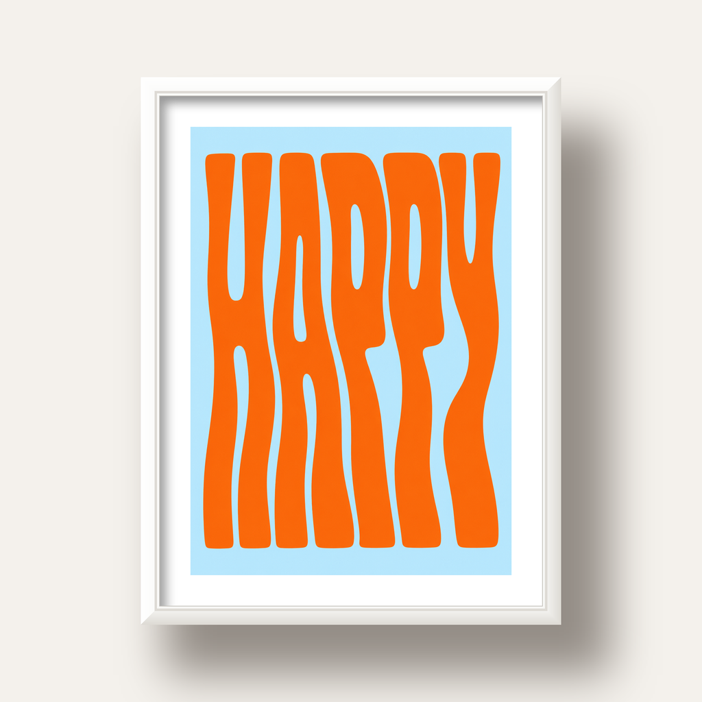 Retro Tipografi Poster – ‘HAPPY’ Dalgalı Harfler, Turuncu Mavi — beyaz derin çerçeveli paspartulu