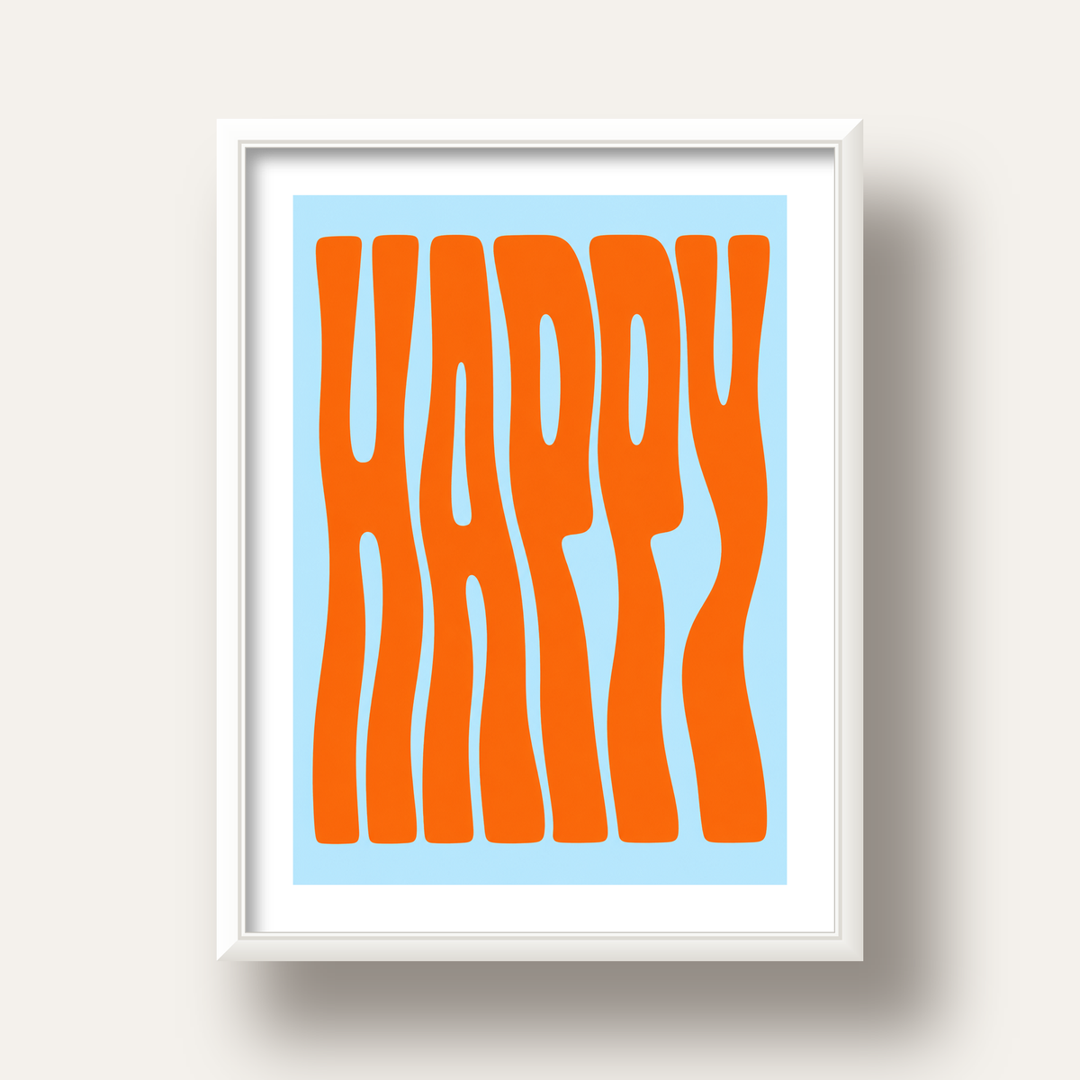 Retro Tipografi Poster – ‘HAPPY’ Dalgalı Harfler, Turuncu Mavi — beyaz derin çerçeveli paspartulu