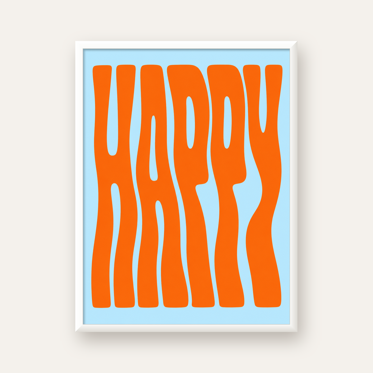 Retro Tipografi Poster – ‘HAPPY’ Dalgalı Harfler, Turuncu Mavi — beyaz çerçeveli dikey poster