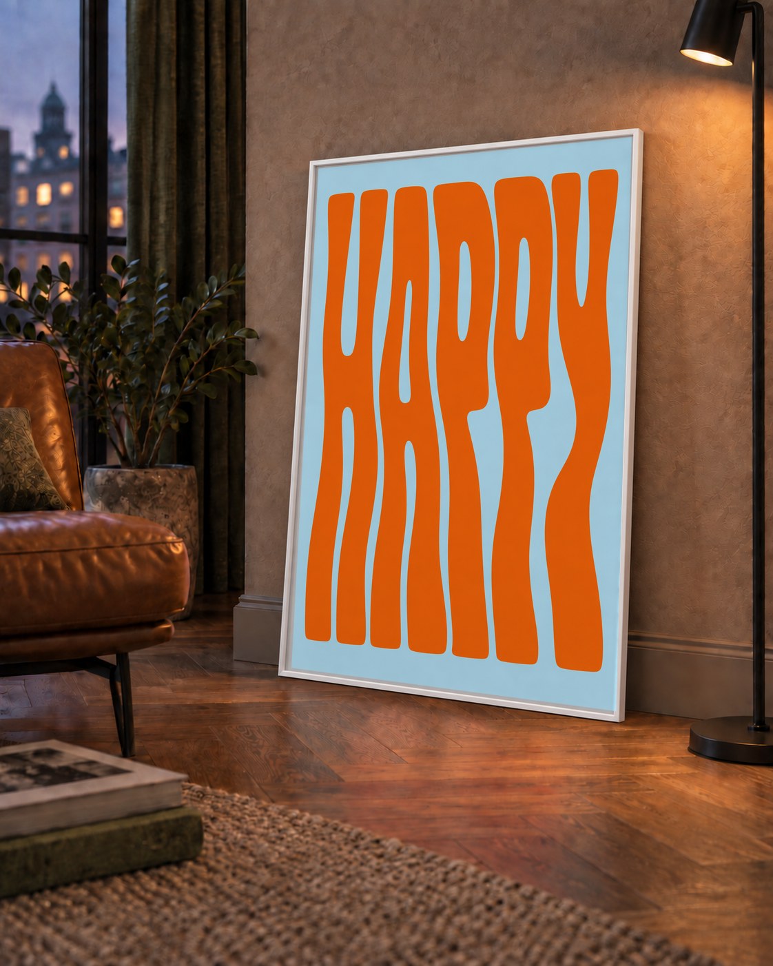 Retro Tipografi Poster – ‘HAPPY’ Dalgalı Harfler, Turuncu Mavi — çerçeveli hâliyle bir ev duvarında