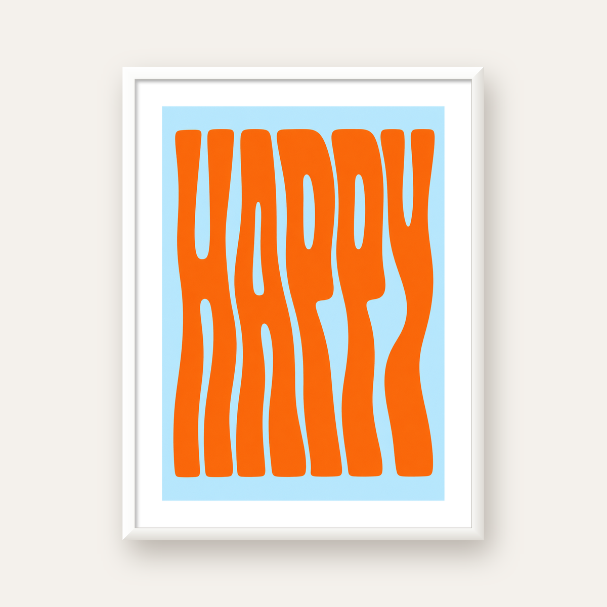 Retro Tipografi Poster – ‘HAPPY’ Dalgalı Harfler, Turuncu Mavi — beyaz çerçeveli dikey poster