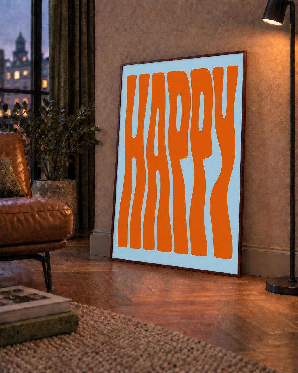 Retro Tipografi Poster – ‘HAPPY’ Dalgalı Harfler, Turuncu Mavi — çerçeveli hâliyle bir ev duvarında