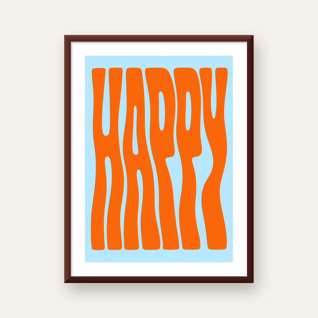 Retro Tipografi Poster – ‘HAPPY’ Dalgalı Harfler, Turuncu Mavi — ceviz çerçeveli paspartulu