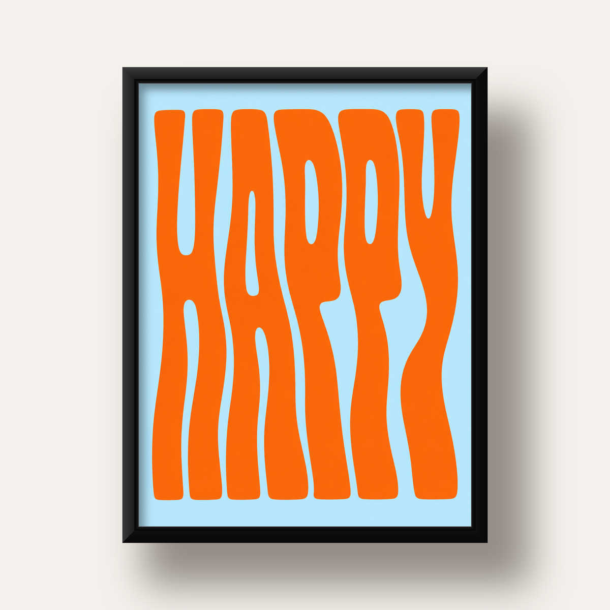 Retro Tipografi Poster – ‘HAPPY’ Dalgalı Harfler, Turuncu Mavi — siyah derin çerçeveli