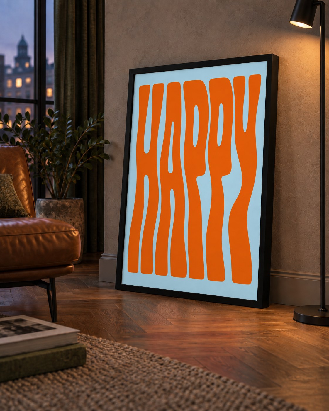 Retro Tipografi Poster – ‘HAPPY’ Dalgalı Harfler, Turuncu Mavi — çerçeveli hâliyle bir ev duvarında
