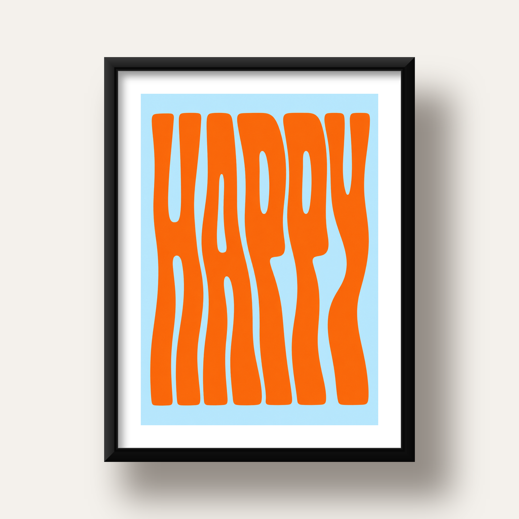 Retro Tipografi Poster – ‘HAPPY’ Dalgalı Harfler, Turuncu Mavi — siyah derin çerçeveli paspartulu