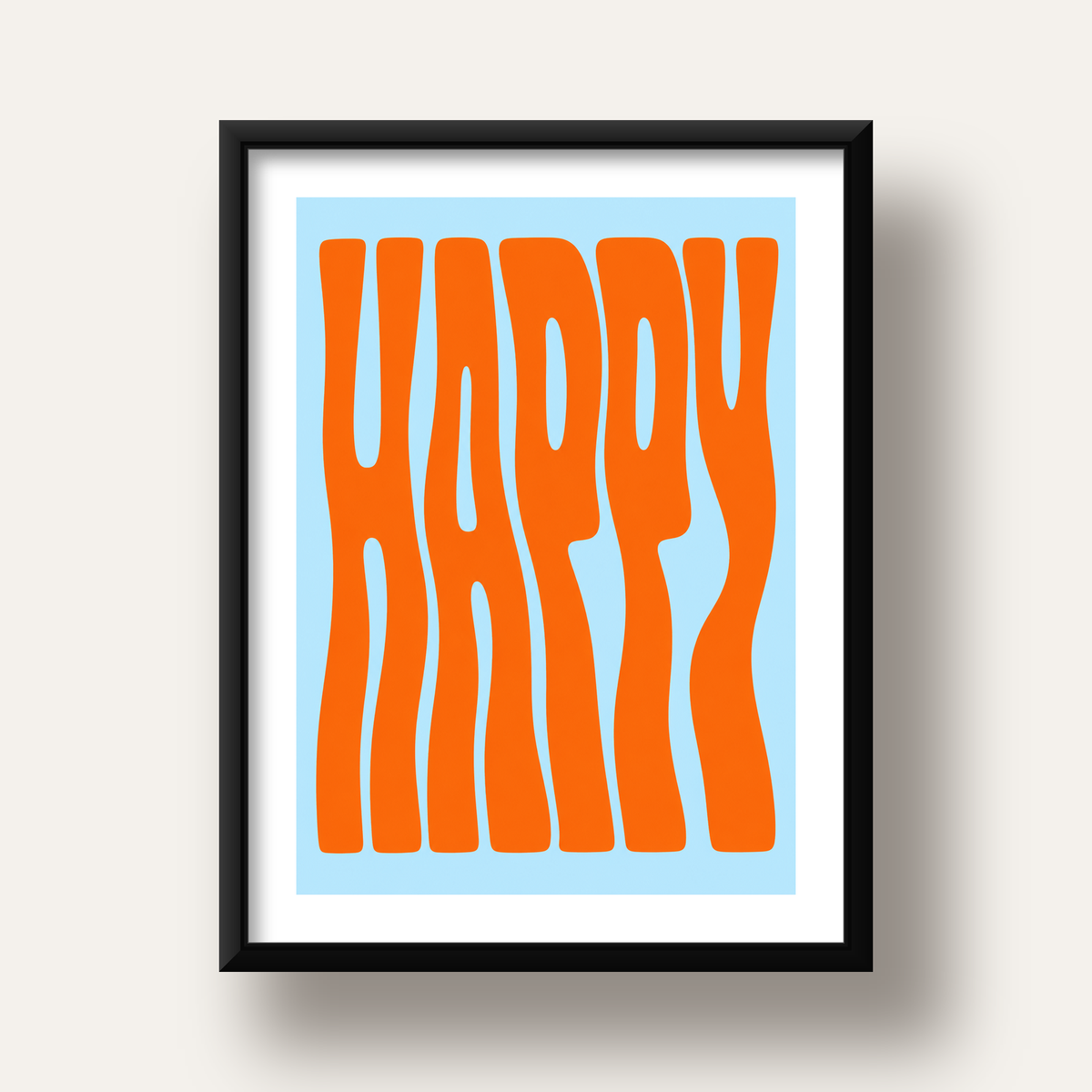 Retro Tipografi Poster – ‘HAPPY’ Dalgalı Harfler, Turuncu Mavi — siyah derin çerçeveli paspartulu