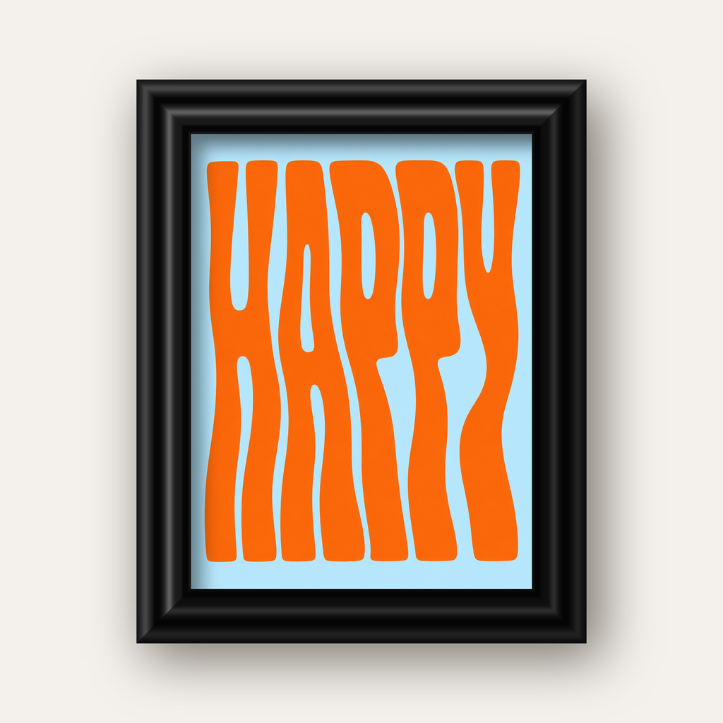 Retro Tipografi Poster – ‘HAPPY’ Dalgalı Harfler, Turuncu Mavi — siyah galeri çerçeveli