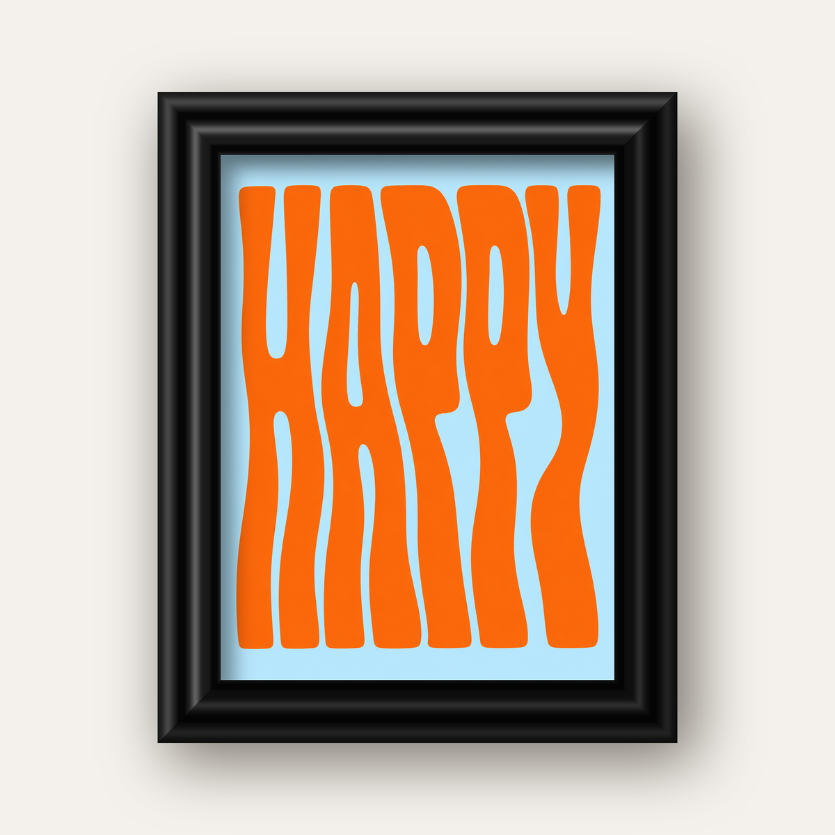 Retro Tipografi Poster – ‘HAPPY’ Dalgalı Harfler, Turuncu Mavi — siyah galeri çerçeveli