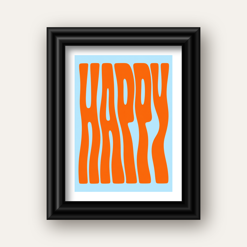 Retro Tipografi Poster – ‘HAPPY’ Dalgalı Harfler, Turuncu Mavi — siyah galeri çerçeveli paspartulu