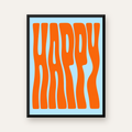 Retro Tipografi Poster – ‘HAPPY’ Dalgalı Harfler, Turuncu Mavi — Dikey baskı, düz siyah çerçeveli duvar posteri