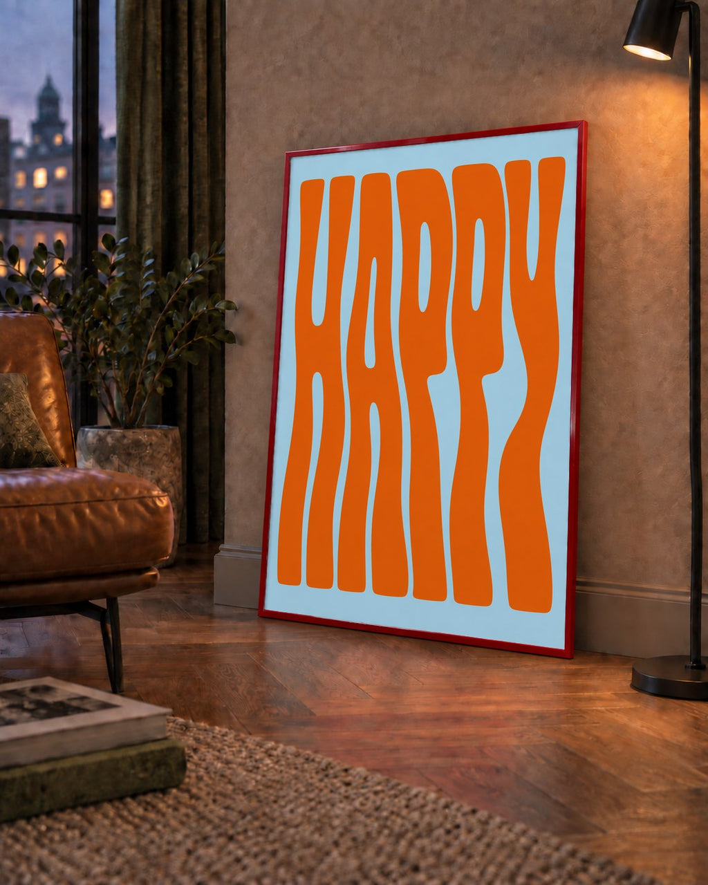 Retro Tipografi Poster – ‘HAPPY’ Dalgalı Harfler, Turuncu Mavi — çerçeveli hâliyle bir ev duvarında
