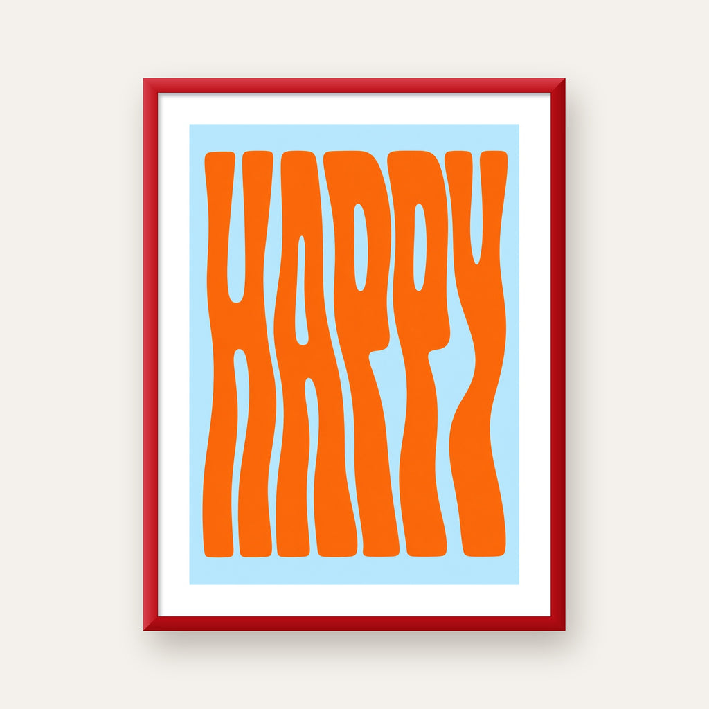 Retro Tipografi Poster – ‘HAPPY’ Dalgalı Harfler, Turuncu Mavi — kırmızı çerçeveli paspartulu