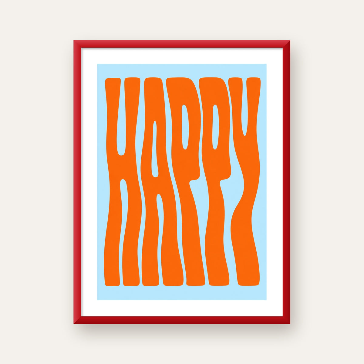 Retro Tipografi Poster – ‘HAPPY’ Dalgalı Harfler, Turuncu Mavi — kırmızı çerçeveli paspartulu