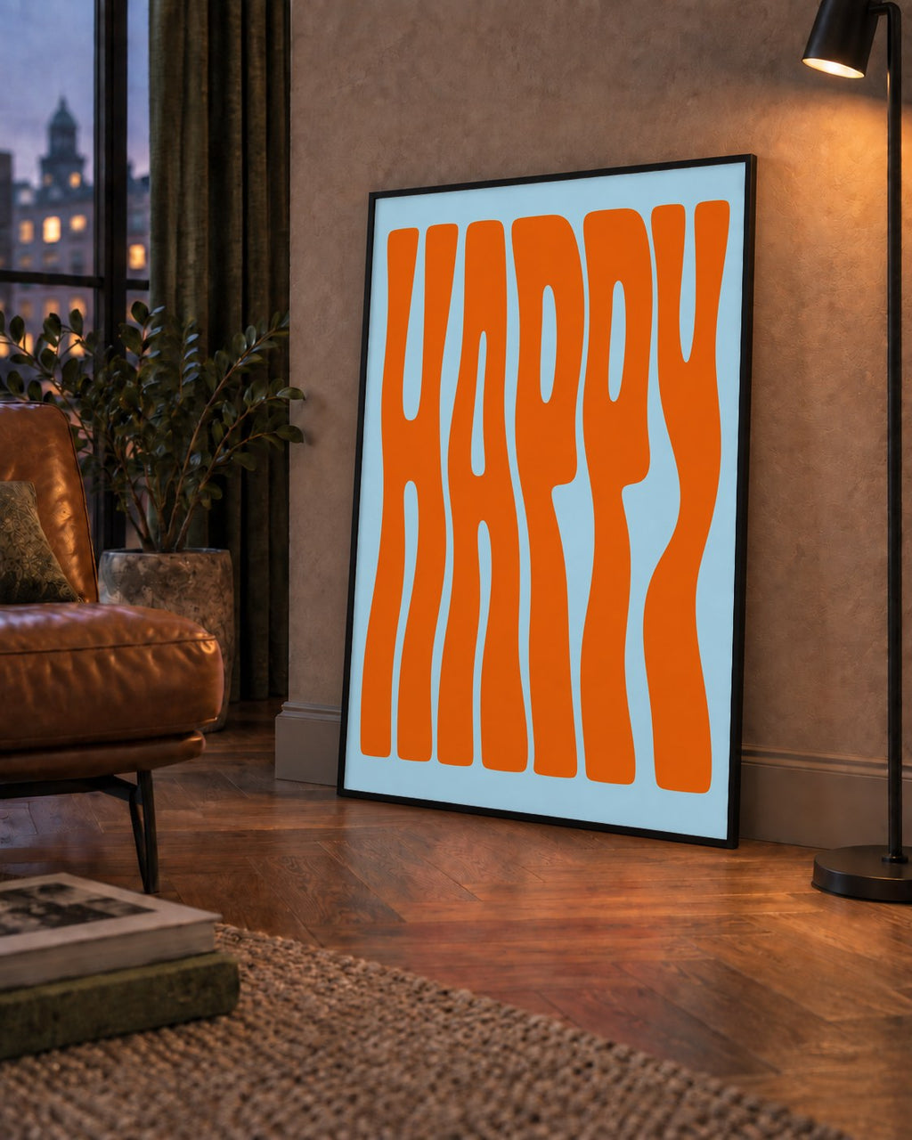 Retro Tipografi Poster – ‘HAPPY’ Dalgalı Harfler, Turuncu Mavi — çerçeveli hâliyle bir ev duvarında