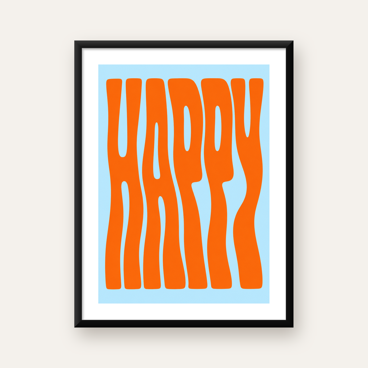Retro Tipografi Poster – ‘HAPPY’ Dalgalı Harfler, Turuncu Mavi — Dikey baskı, beyaz paspartulu