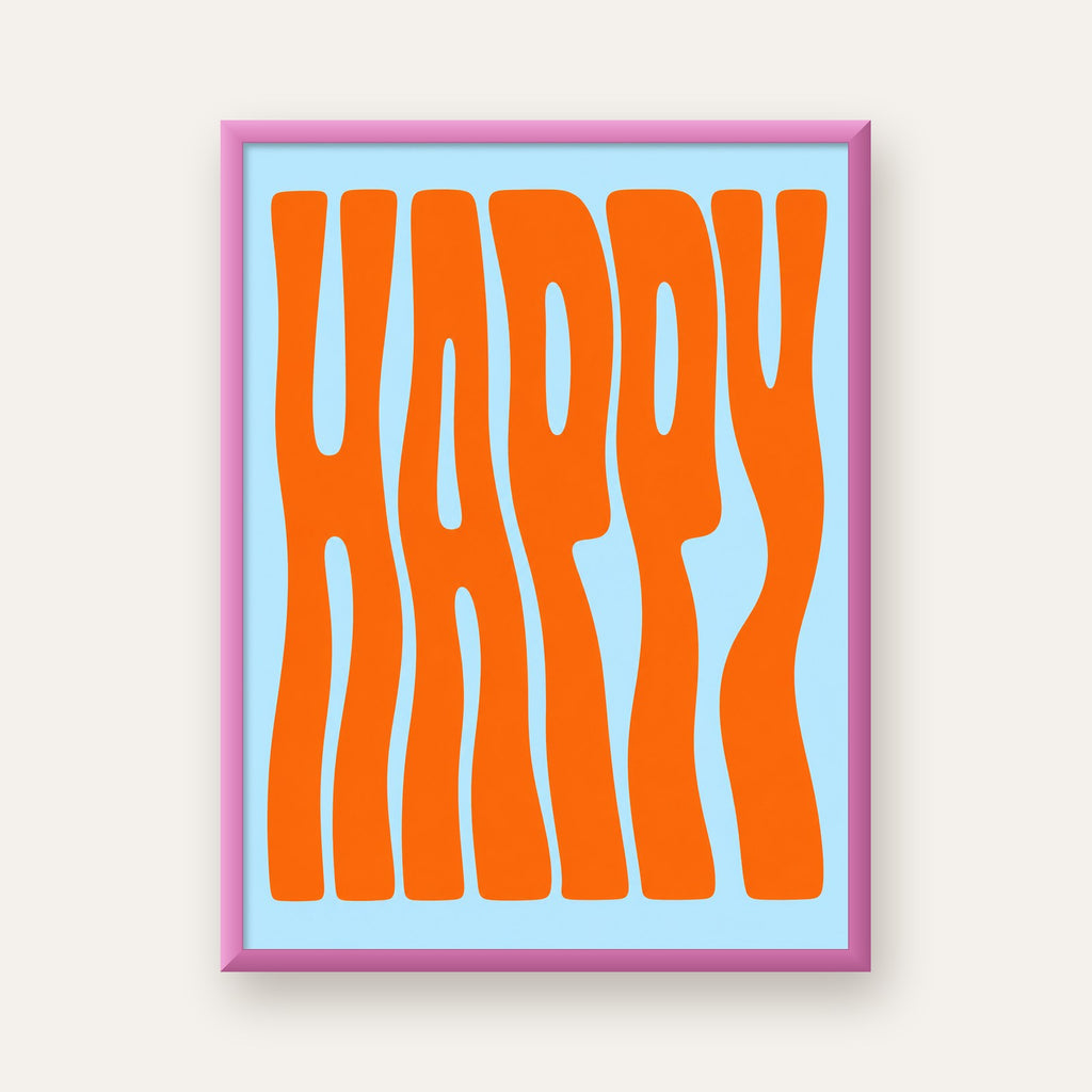 Retro Tipografi Poster – ‘HAPPY’ Dalgalı Harfler, Turuncu Mavi — pembe çerçeveli