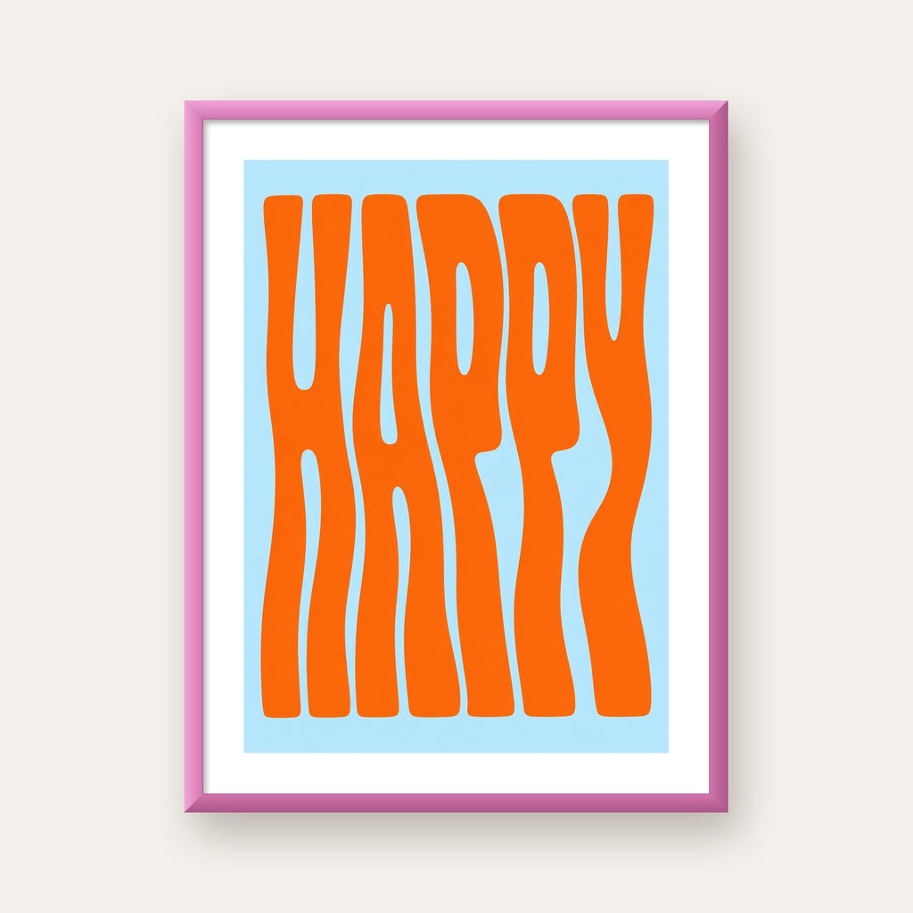 Retro Tipografi Poster – ‘HAPPY’ Dalgalı Harfler, Turuncu Mavi — pembe çerçeveli paspartulu