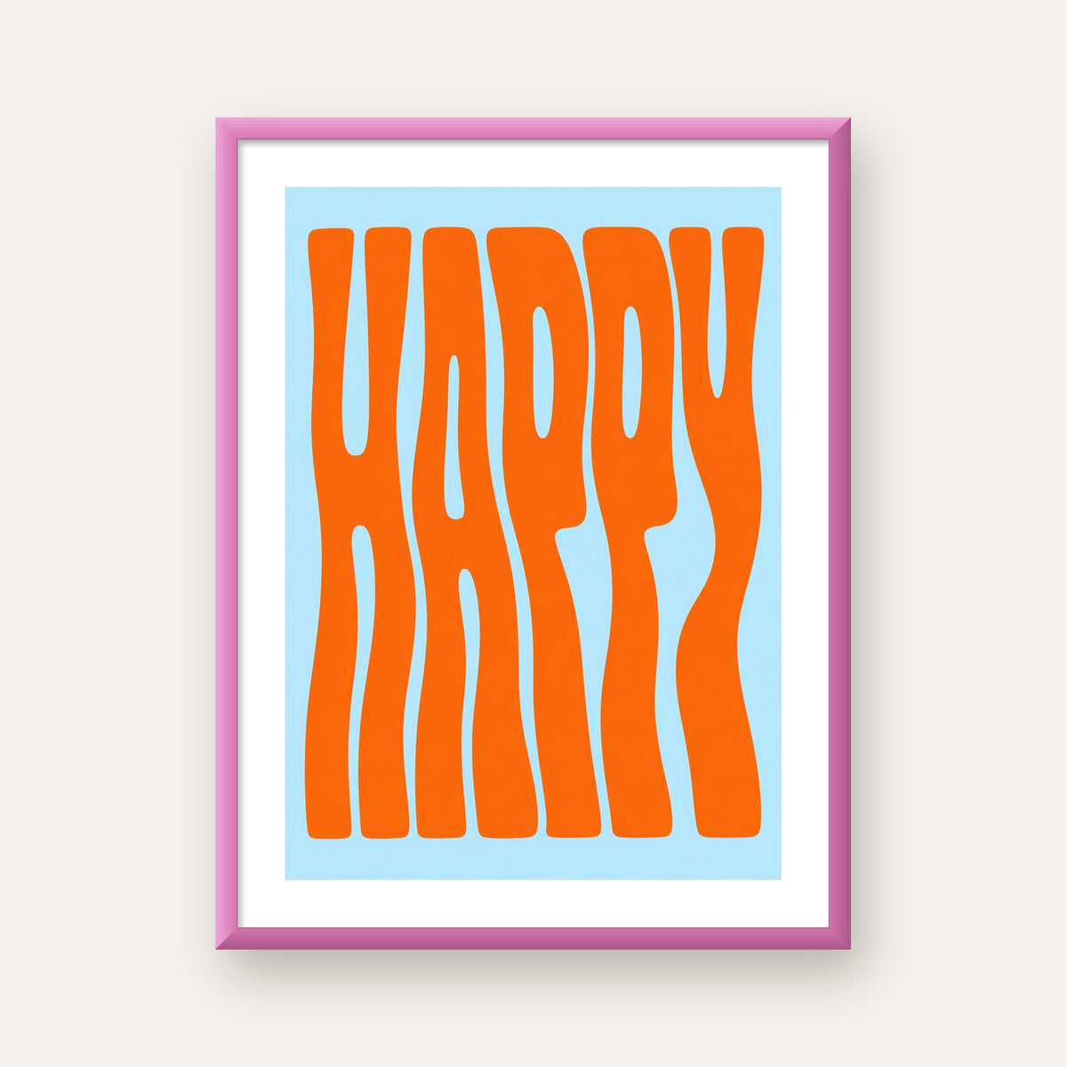 Retro Tipografi Poster – ‘HAPPY’ Dalgalı Harfler, Turuncu Mavi — pembe çerçeveli paspartulu