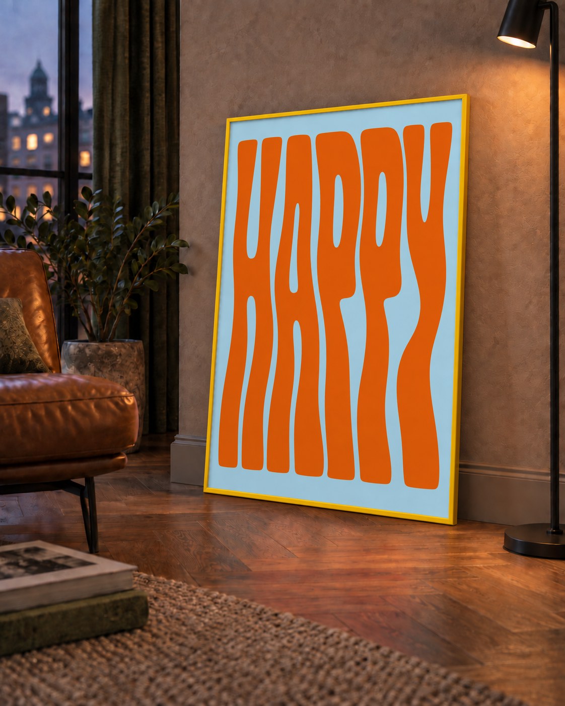 Retro Tipografi Poster – ‘HAPPY’ Dalgalı Harfler, Turuncu Mavi — çerçeveli hâliyle bir ev duvarında