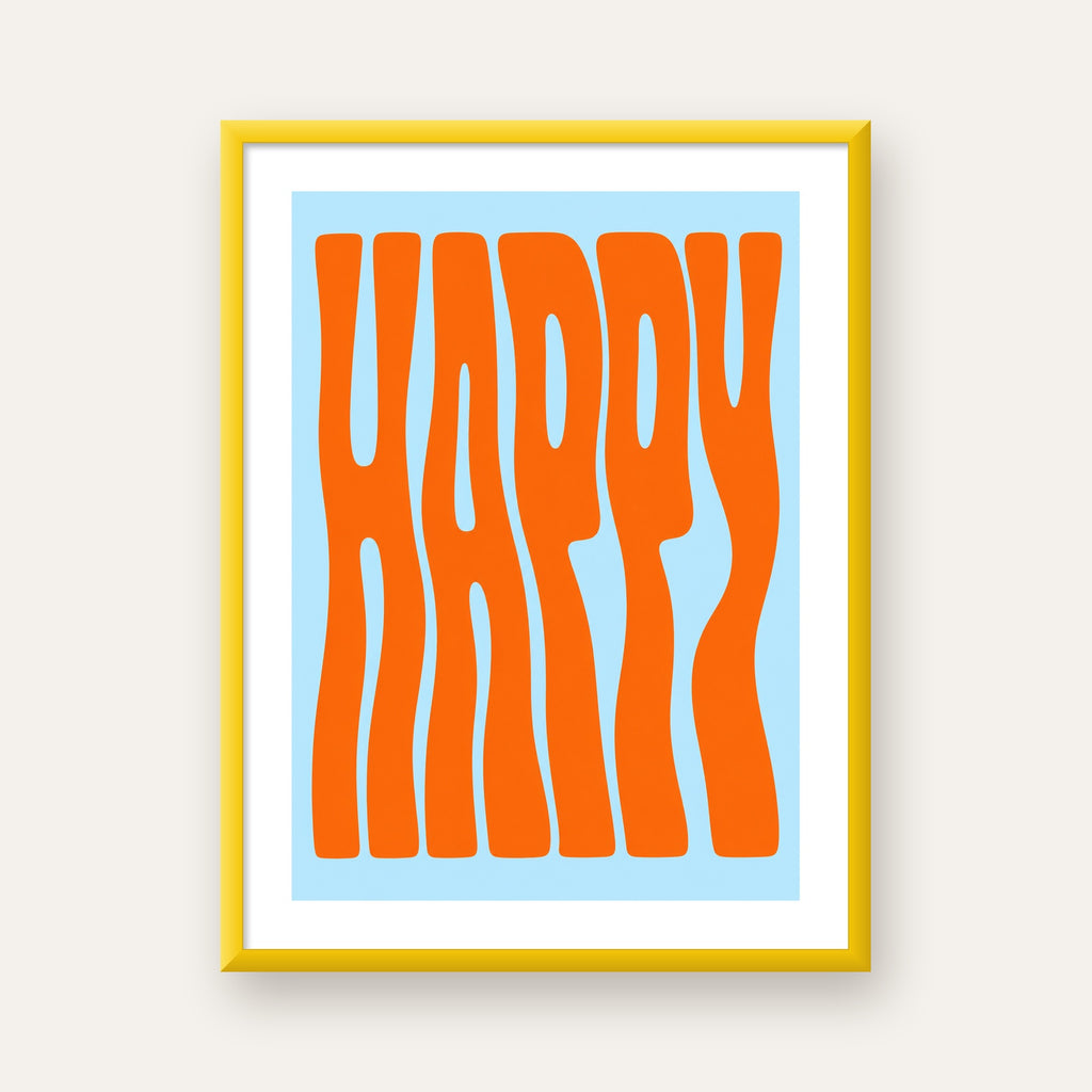 Retro Tipografi Poster – ‘HAPPY’ Dalgalı Harfler, Turuncu Mavi — sarı çerçeveli paspartulu