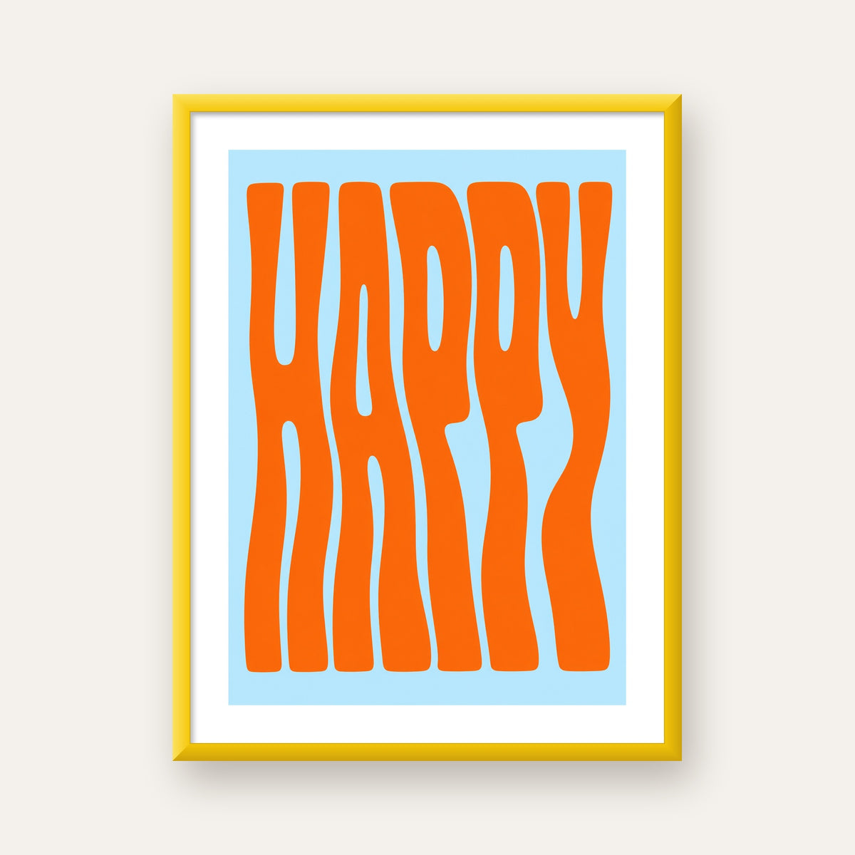 Retro Tipografi Poster – ‘HAPPY’ Dalgalı Harfler, Turuncu Mavi — sarı çerçeveli paspartulu