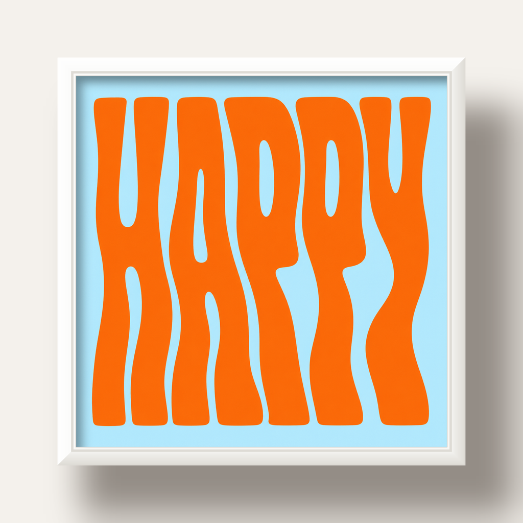 Retro Tipografi Poster – ‘HAPPY’ Dalgalı Harfler, Turuncu Mavi — beyaz derin çerçeveli