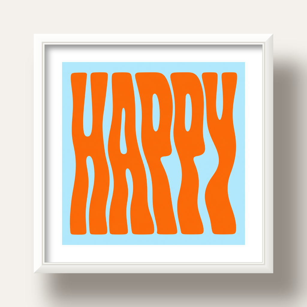 Retro Tipografi Poster – ‘HAPPY’ Dalgalı Harfler, Turuncu Mavi — beyaz derin çerçeveli paspartulu