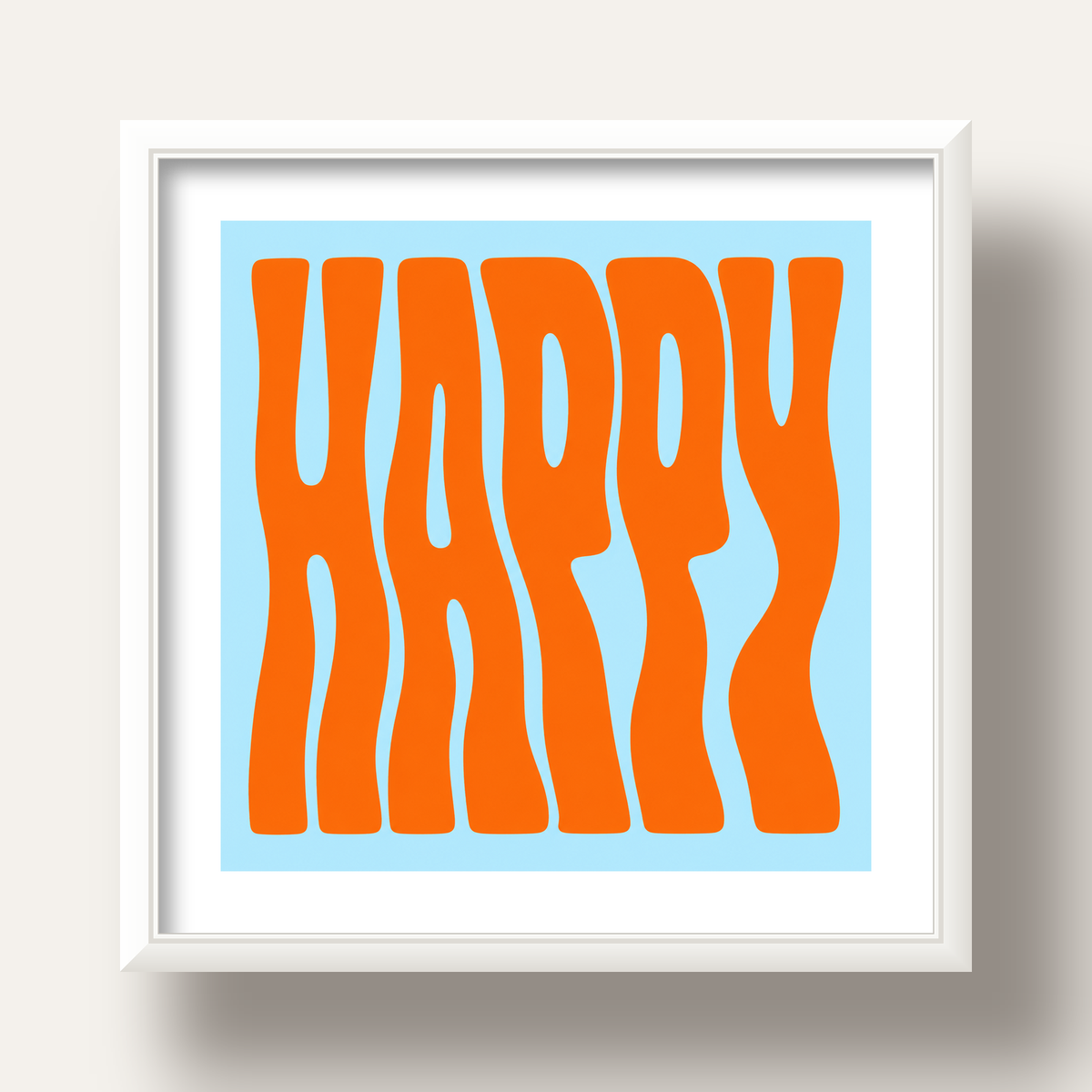 Retro Tipografi Poster – ‘HAPPY’ Dalgalı Harfler, Turuncu Mavi — beyaz derin çerçeveli paspartulu