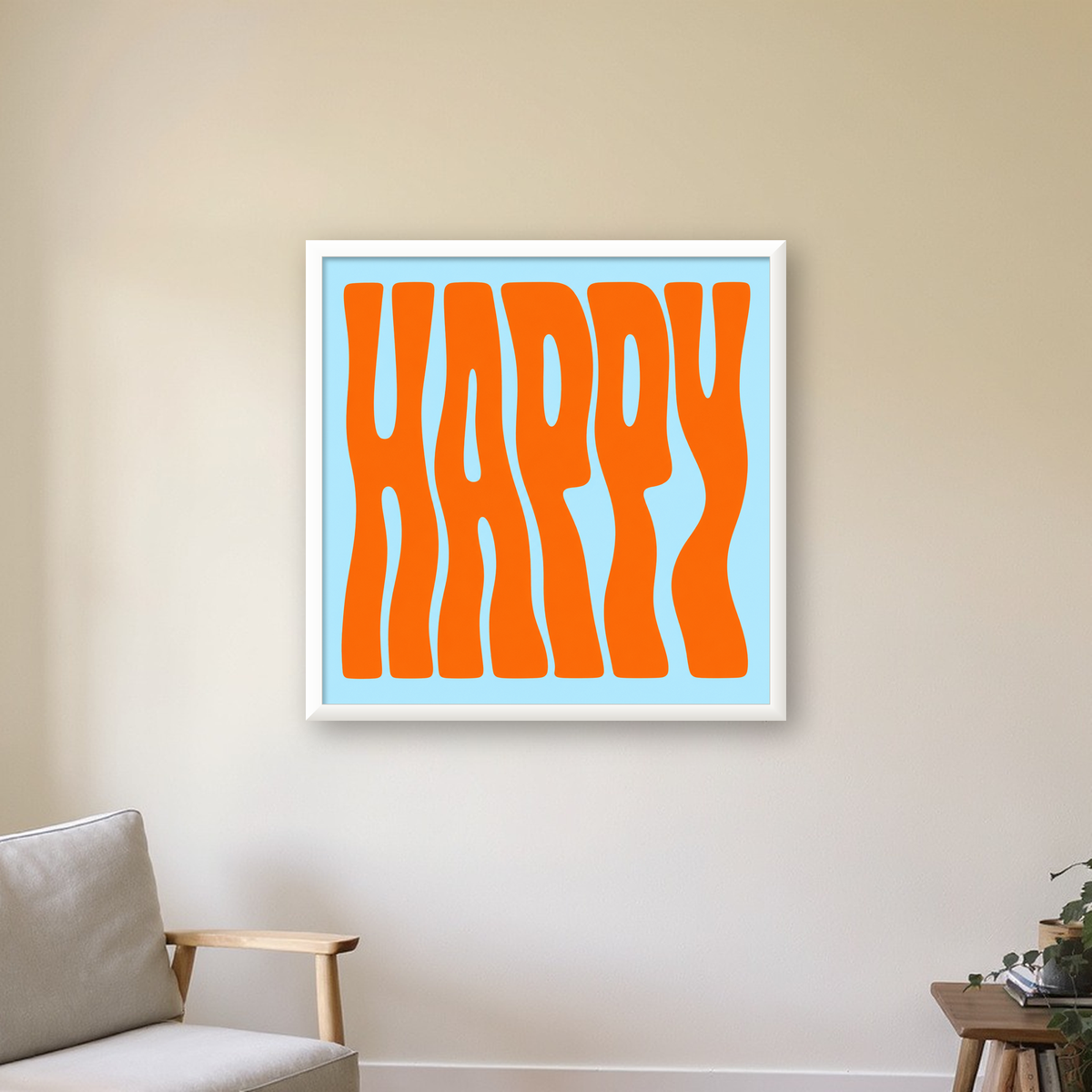 Retro Tipografi Poster – ‘HAPPY’ Dalgalı Harfler, Turuncu Mavi — beyaz çerçeveli kare poster