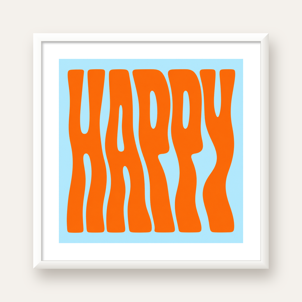 Retro Tipografi Poster – ‘HAPPY’ Dalgalı Harfler, Turuncu Mavi — beyaz çerçeveli kare poster