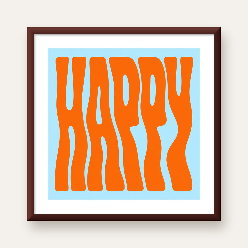 Retro Tipografi Poster – ‘HAPPY’ Dalgalı Harfler, Turuncu Mavi — ceviz çerçeveli paspartulu