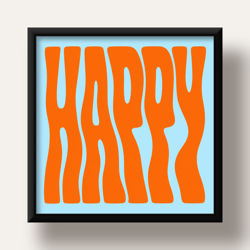 Retro Tipografi Poster – ‘HAPPY’ Dalgalı Harfler, Turuncu Mavi — siyah derin çerçeveli