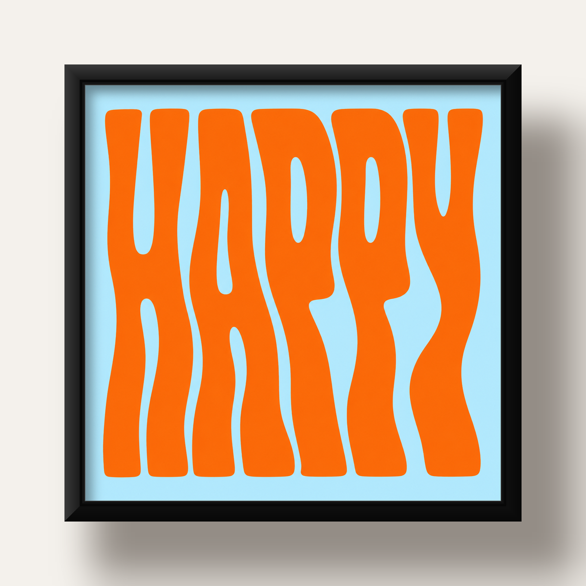 Retro Tipografi Poster – ‘HAPPY’ Dalgalı Harfler, Turuncu Mavi — siyah derin çerçeveli