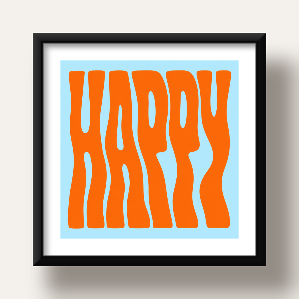 Retro Tipografi Poster – ‘HAPPY’ Dalgalı Harfler, Turuncu Mavi — siyah derin çerçeveli paspartulu
