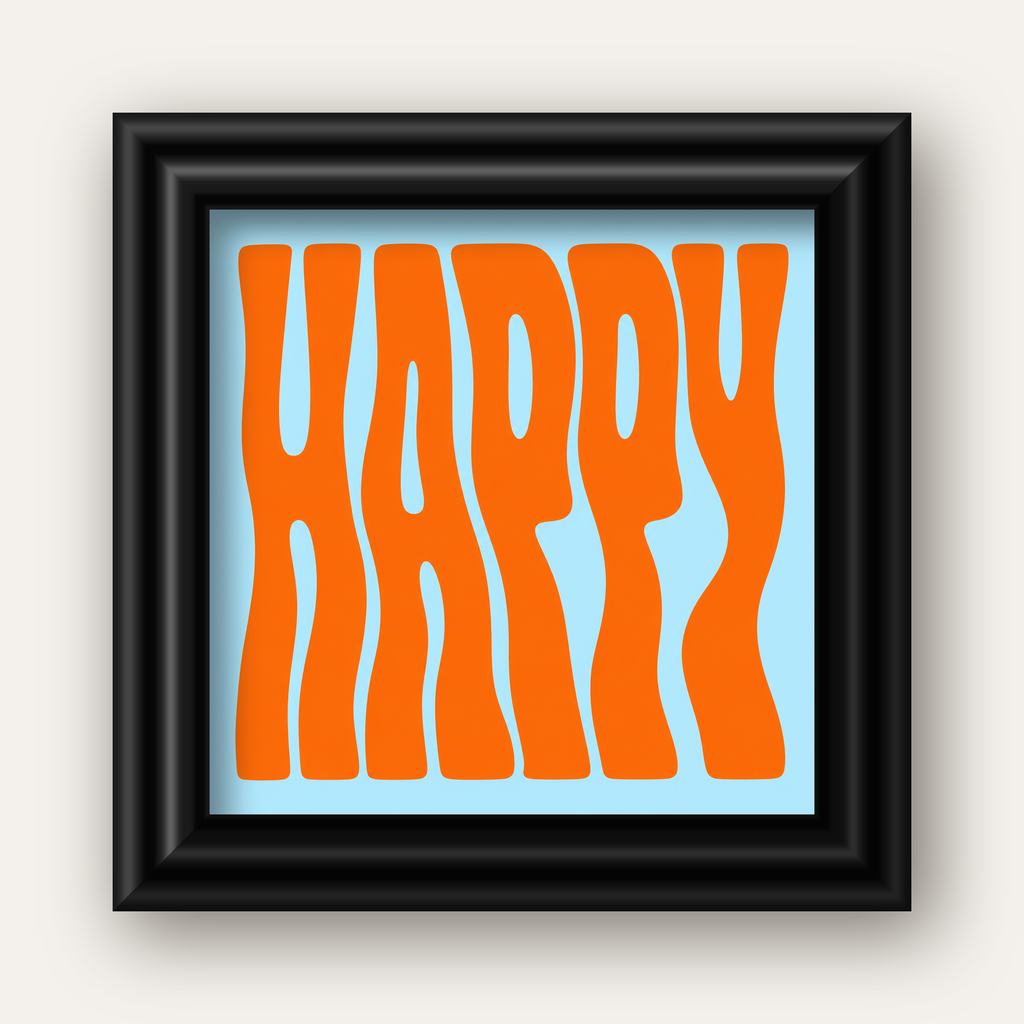 Retro Tipografi Poster – ‘HAPPY’ Dalgalı Harfler, Turuncu Mavi — siyah galeri çerçeveli