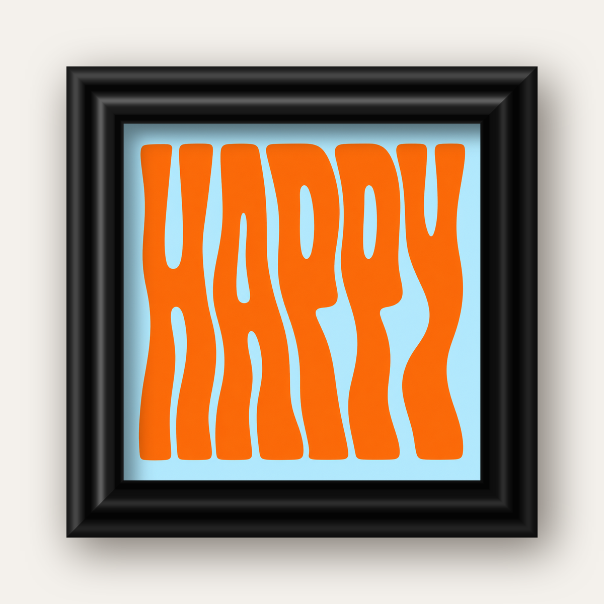 Retro Tipografi Poster – ‘HAPPY’ Dalgalı Harfler, Turuncu Mavi — siyah galeri çerçeveli
