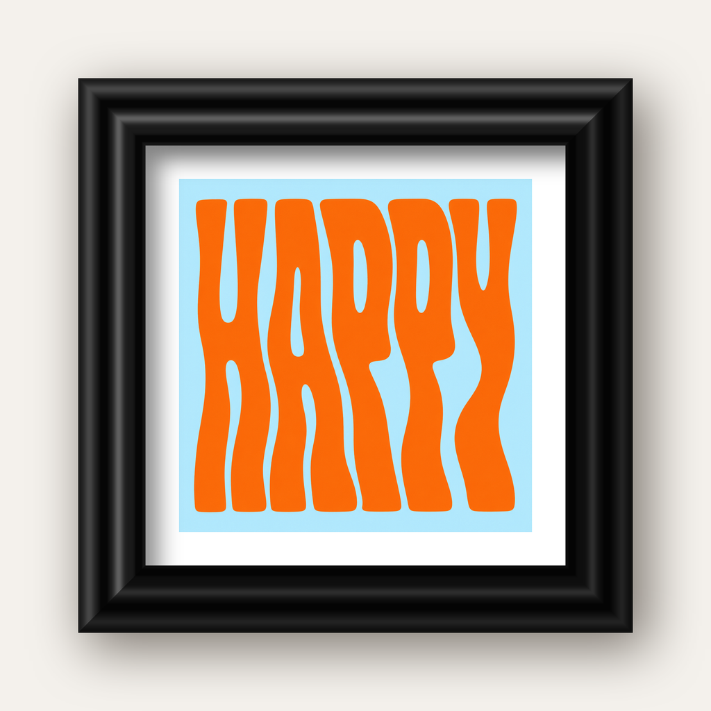 Retro Tipografi Poster – ‘HAPPY’ Dalgalı Harfler, Turuncu Mavi — siyah galeri çerçeveli paspartulu